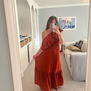 RUSTY ORANGE RUFFLE ONE SHOULDER MAXI DRESS